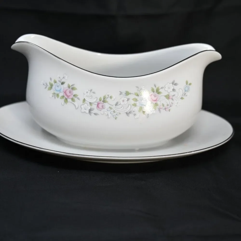 Vintage Carlton Corsage 481 Japan Gravy Boat Underplate Floral Platinum